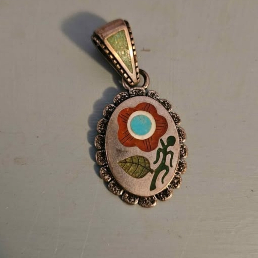 Carolyn Pollack and R. N. Laconsello Zuni Silver Inlay Oval Flower Pendant